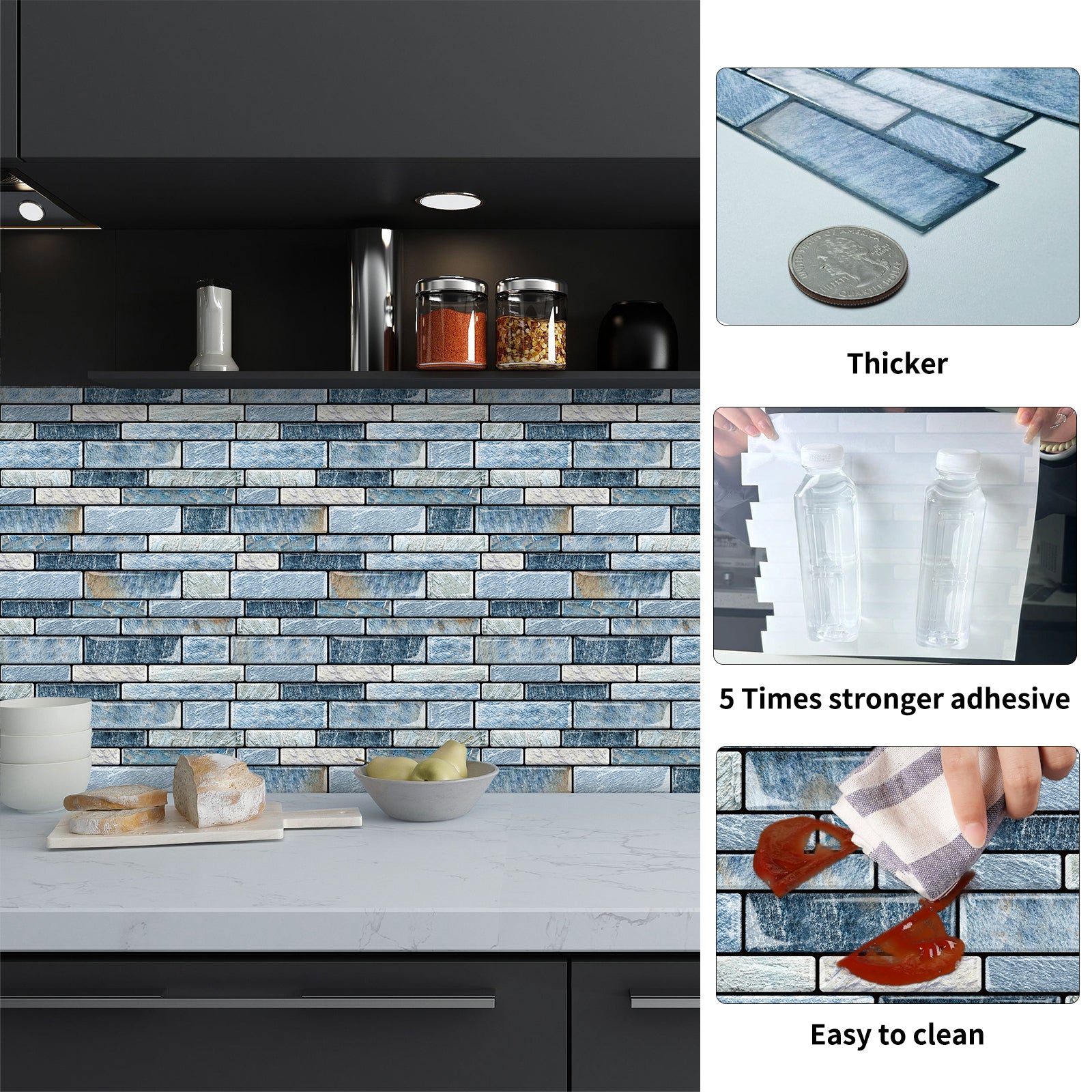 DEWOO 10 - Sheet Peel and Stick Kitchen Backsplash Tiles, 12"x12" Self - Adhesive Marble Blue Wall Tiles for Kitchen and Bathroom(Blue Marble) - DEWOO TILES