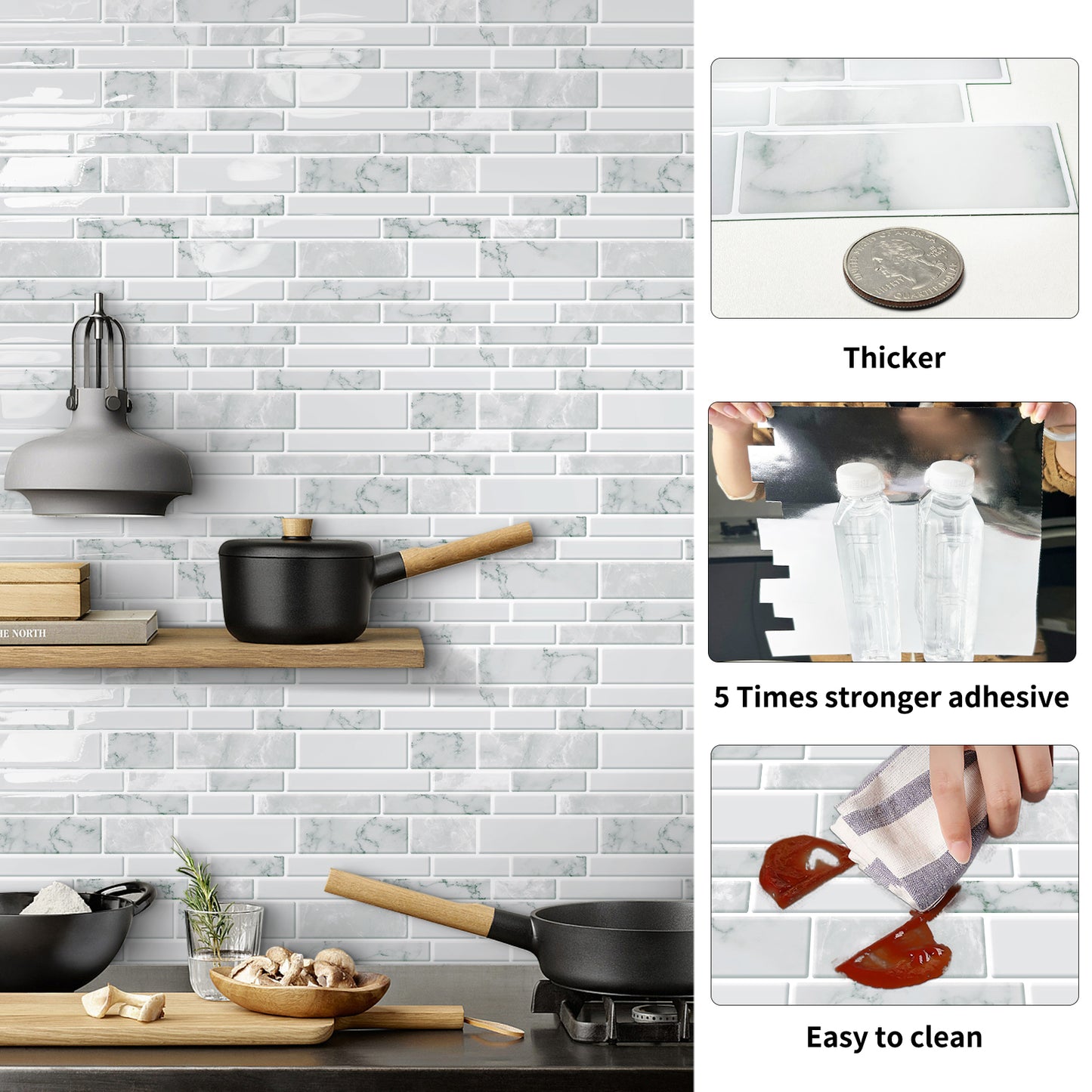 DEWOO 10 - Sheet Peel and Stick Kitchen Backsplash Tiles, 12"x12" Self - Adhesive Marble Multicolor Wall Tiles for Kitchen and Bathroom(White Marble) - DEWOO TILES