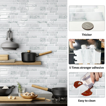 DEWOO 10 - Sheet Peel and Stick Kitchen Backsplash Tiles, 12"x12" Self - Adhesive Marble Multicolor Wall Tiles for Kitchen and Bathroom(White Marble) - DEWOO TILES