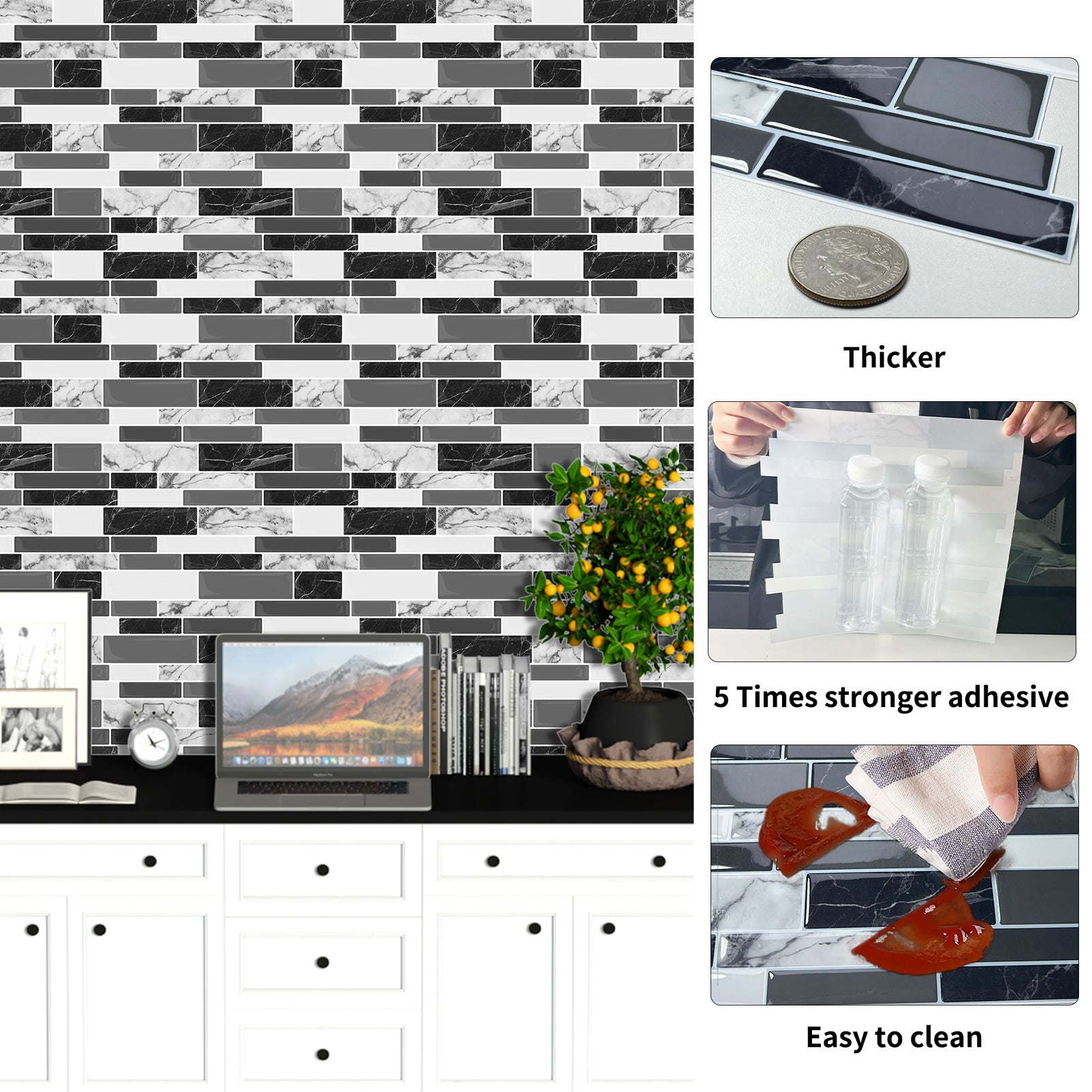 DEWOO 10 Sheets Peel and Stick Tile Backsplash, Stick on Wall Tiles, Self Adhesive Tile Sticker for Kitchen Backsplash and Bathroom(12"x12",Black Marble) - DEWOO TILES