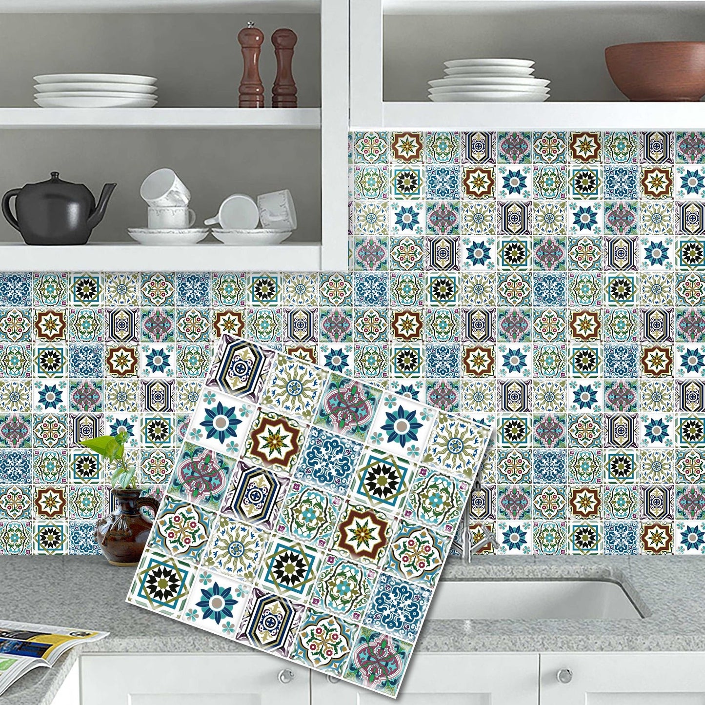 DEWOO Bohemian Mandala Self - Adhesive Tile Decals — 12" x 12" Large Size — Self - Adhesive Backsplash Stickers for Kitchen, Bathroom, and Laundry Room — Waterproof & Removable Vinyl Wall Decals — 10 - Piece Pack - DEWOO TILES