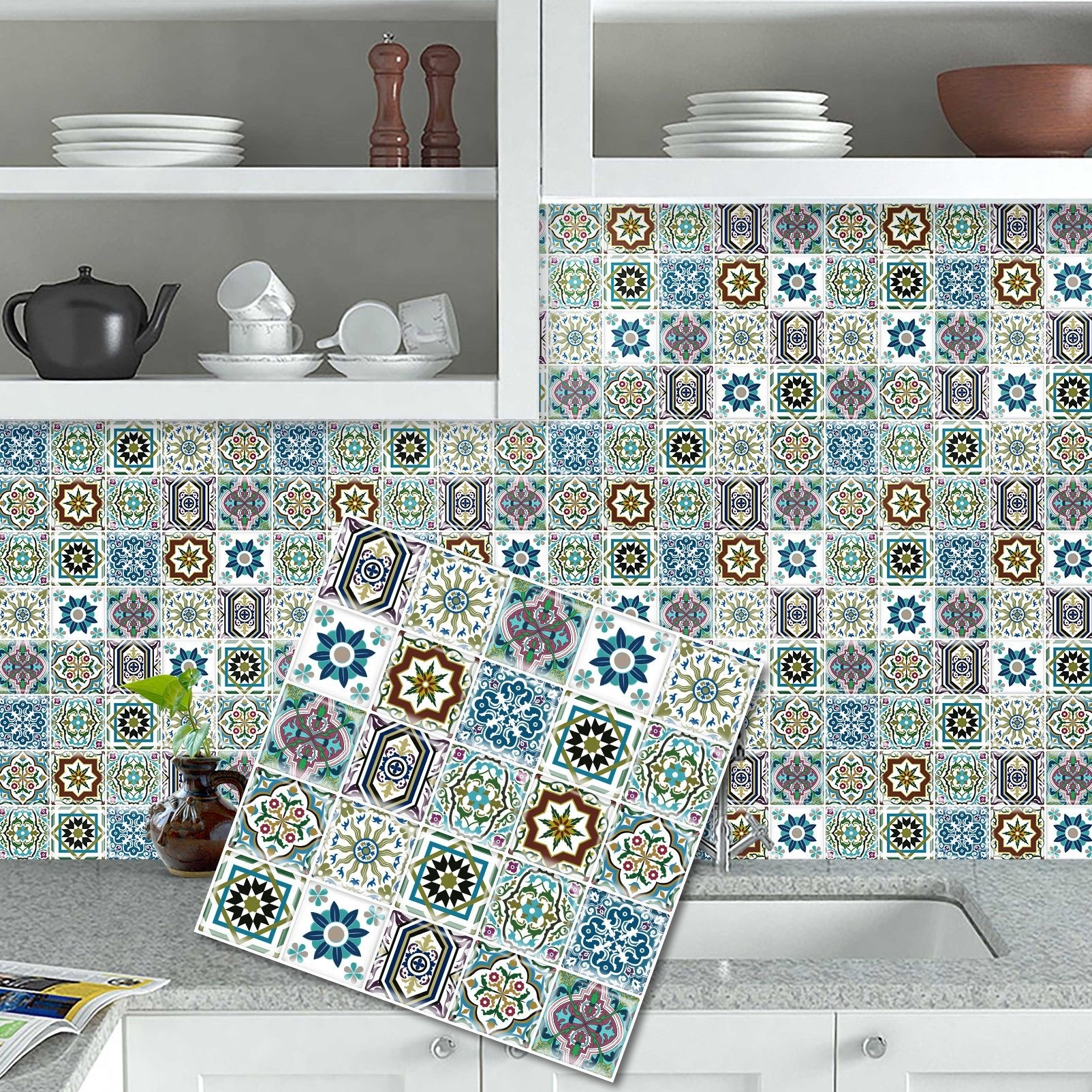 DEWOO Bohemian Mandala Self - Adhesive Tile Decals — 12" x 12" Large Size — Self - Adhesive Backsplash Stickers for Kitchen, Bathroom, and Laundry Room — Waterproof & Removable Vinyl Wall Decals — 10 - Piece Pack - DEWOO TILES