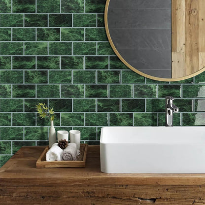 DEWOO Dark Green Peel and Stick Subway Tile Backsplash Self Adhesive Brick Stickers for Kitchen Bathroom Wall, 10 - Sheet, 12"×12" - DEWOO TILES