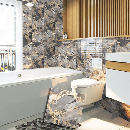 DEWOO 10pcs Peel and Stick Backsplash Wall Tile, Waterproof Peel and Stick Marble Wall Tiles, Self - Adhesive Panels for Bathroom, Kitchen, and Living Room (Brown Marble,12"×12") - DEWOO TILES