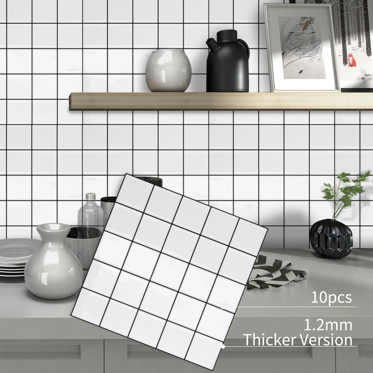 DEWOO Thick Square Kitchen Peel and Stick Backsplash Mosaic Tiles Square Self Adhesive Wall Tile Checkerboard Checkered Stickers,White (10-Sheet,12"x12") - DEWOO TILES