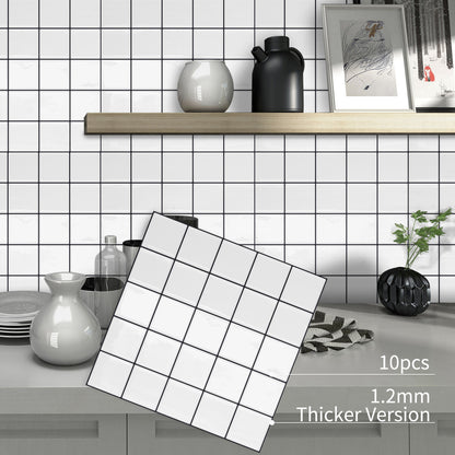 DEWOO Thick Square Kitchen Peel and Stick Backsplash Mosaic Tiles Square Self Adhesive Wall Tile Checkerboard Checkered Stickers,White (10-Sheet,12"x12") - DEWOO TILES