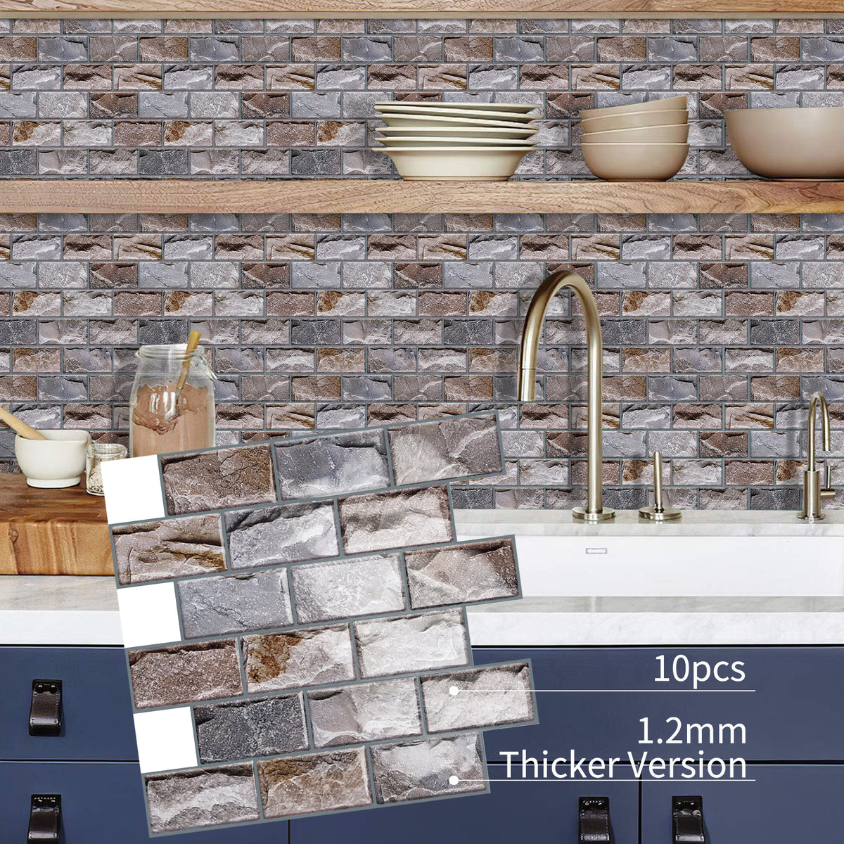 DEWOO 10 Sheets Peel and Stick Tile Backsplash for Kitchen Wall Tile, Self Adhesive Brick Backsplash Subway Tiles Backsplash, Stick on Tiles Kitchen Backsplash(Brown,10.6"x10") - DEWOO TILES