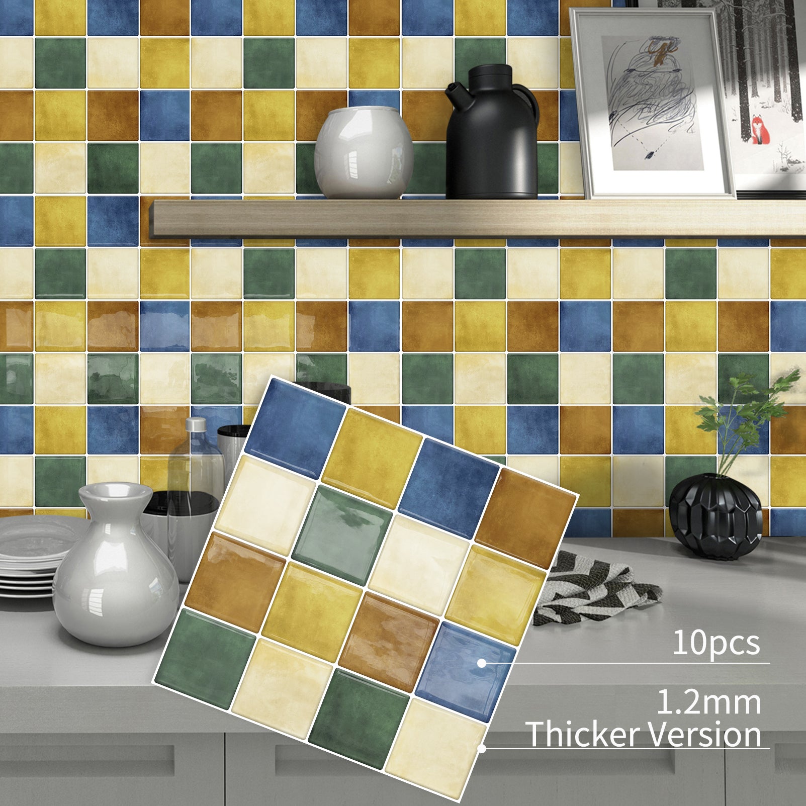 DEWOO Peel and Stick Backsplash Tiles Kitchen Bathroom Square Self Adhesive Wall Tile Checkerboard Checkered Stickers,Multicolor (10 - Sheet, 12"×12") - DEWOO TILES