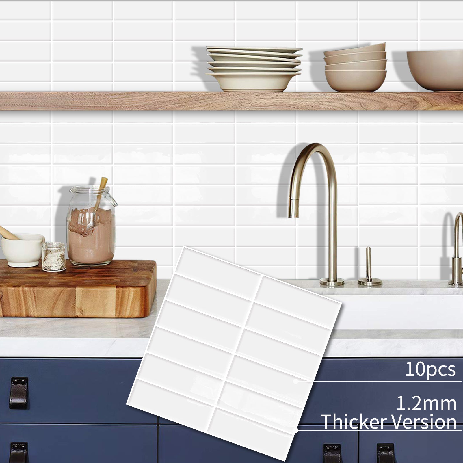 DEWOO 10pcs Peel and Stick Backsplash Wall Tiles, Extra Thick 3D Wall Panels, Heat & Water Resistant, Easy DIY Kitchen, Bathroom, Laundry, Fireplace & Rental Home Wall Décor (White, 12"×12") - DEWOO TILES