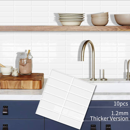 DEWOO 10pcs Peel and Stick Backsplash Wall Tiles, Extra Thick 3D Wall Panels, Heat & Water Resistant, Easy DIY Kitchen, Bathroom, Laundry, Fireplace & Rental Home Wall Décor (White, 12"×12") - DEWOO TILES