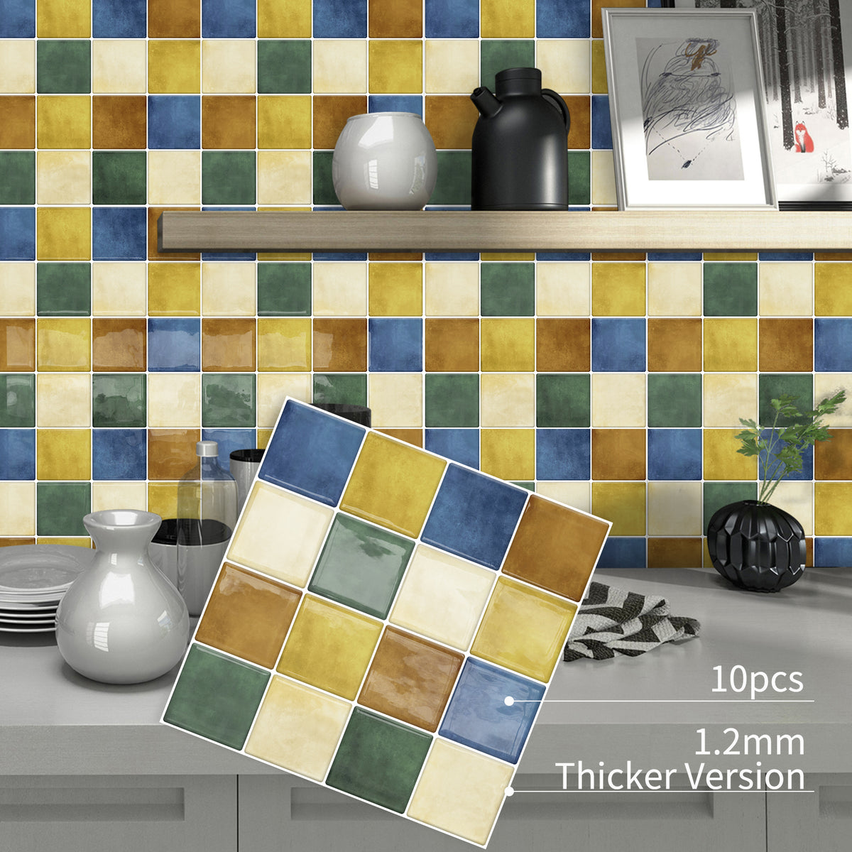DEWOO Thick Square Kitchen Peel and Stick Backsplash Mosaic Tiles Square Self Adhesive Wall Tile Checkerboard Checkered Stickers,Multicolor (10-Sheet,12"x12") - DEWOO TILES