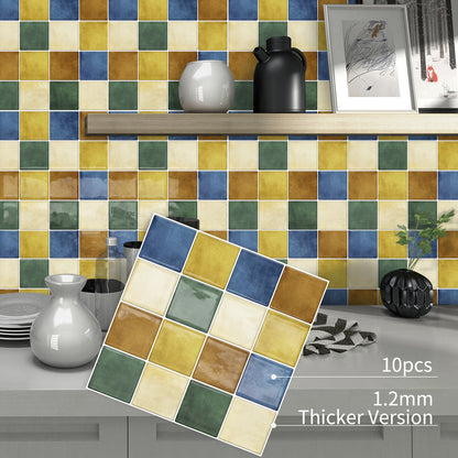DEWOO Thick Square Kitchen Peel and Stick Backsplash Mosaic Tiles Square Self Adhesive Wall Tile Checkerboard Checkered Stickers,Multicolor (10-Sheet,12"x12") - DEWOO TILES