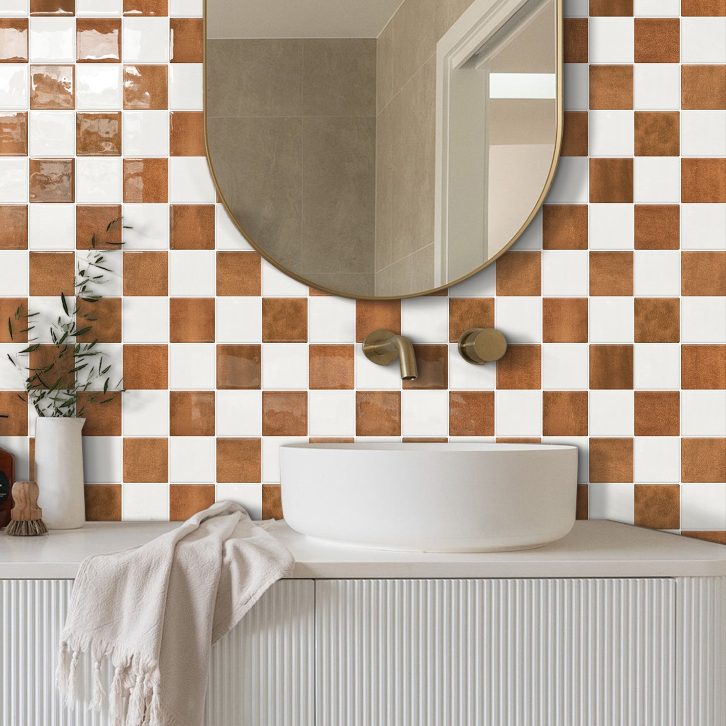 DEWOO Thick Peel and Stick Backsplash Tiles Kitchen Bathroom Square Self Adhesive Wall Tile Checkerboard Checkered Stickers,Orange (10 - Sheet, 9"×9") - DEWOO TILES