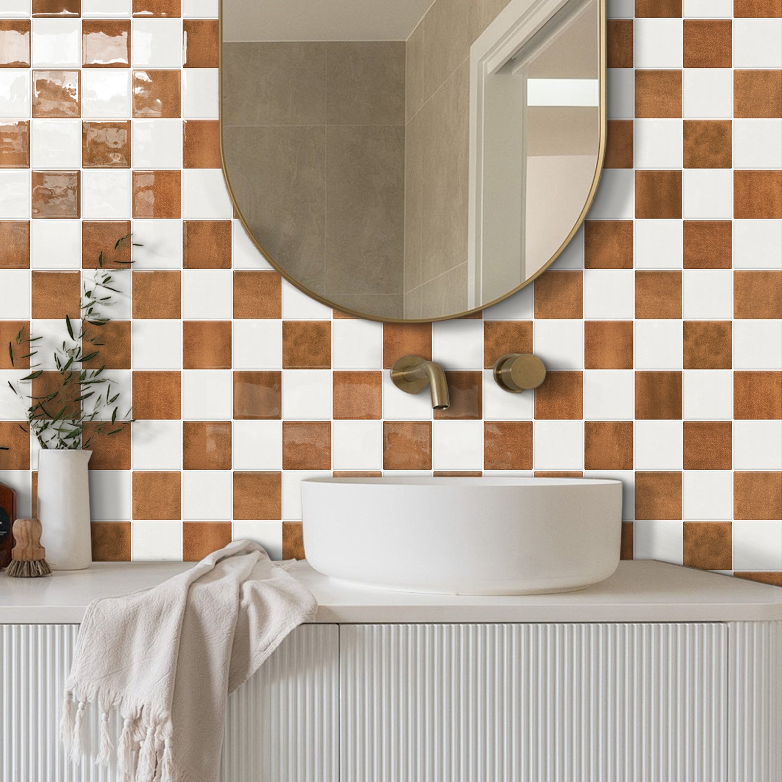 DEWOO Thick Peel and Stick Backsplash Tiles Kitchen Bathroom Square Self Adhesive Wall Tile Checkerboard Checkered Stickers,Orange (10 - Sheet, 9"×9") - DEWOO TILES