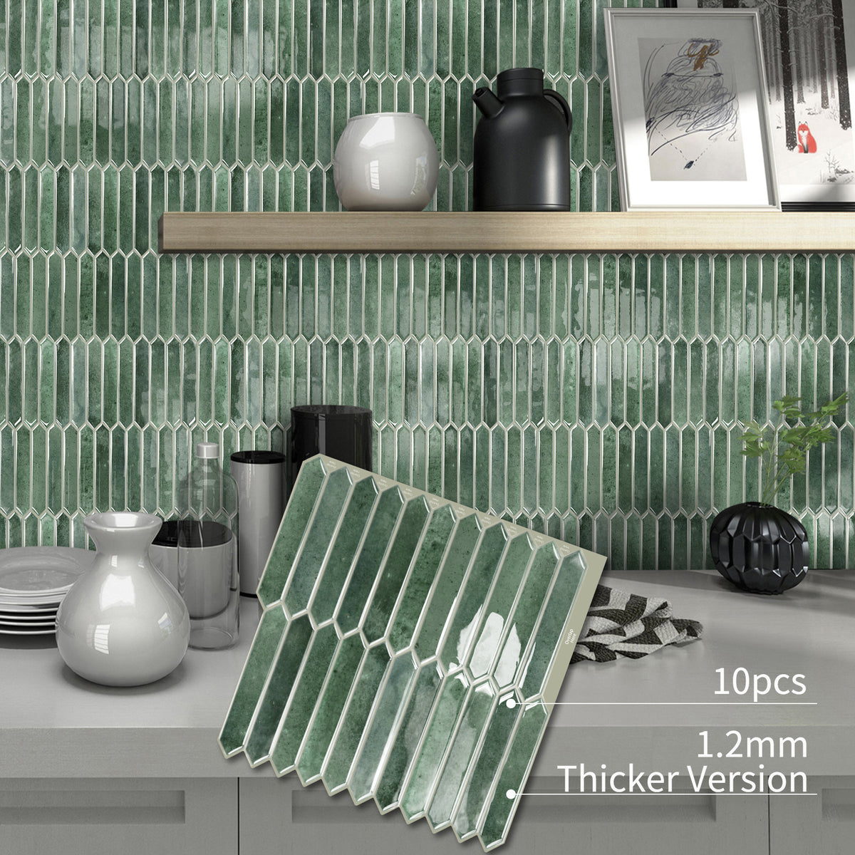 DEWOO Green Tile Peel and Stick Backsplash, 10 Sheets Self-Adhesive Wall Tiles Stick on Back Splash for Kitchen, Bathroom, Fireplace,RV(12"×12",Green Marble) - DEWOO TILES