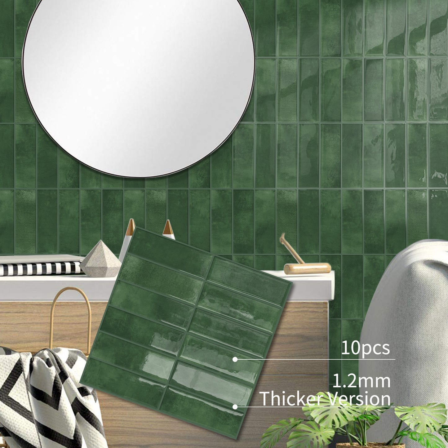 DEWOO 10pcs Peel and Stick Backsplash Wall Tiles, Extra Thick 3D Wall Panels, Heat & Water Resistant, Easy DIY Kitchen, Bathroom, Laundry, Fireplace & Rental Home Wall Décor (Dark Green, 12"×12") - DEWOO TILES