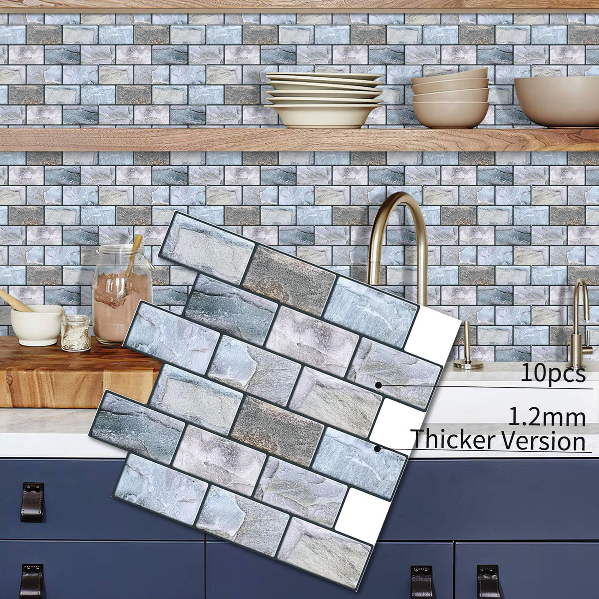 DEWOO 10 Sheets Peel and Stick Tile Backsplash for Kitchen Wall Tile, Self Adhesive Brick Backsplash Subway Tiles Backsplash, Stick on Tiles Kitchen Backsplash(Retro Blue,10.6"x10") - DEWOO TILES