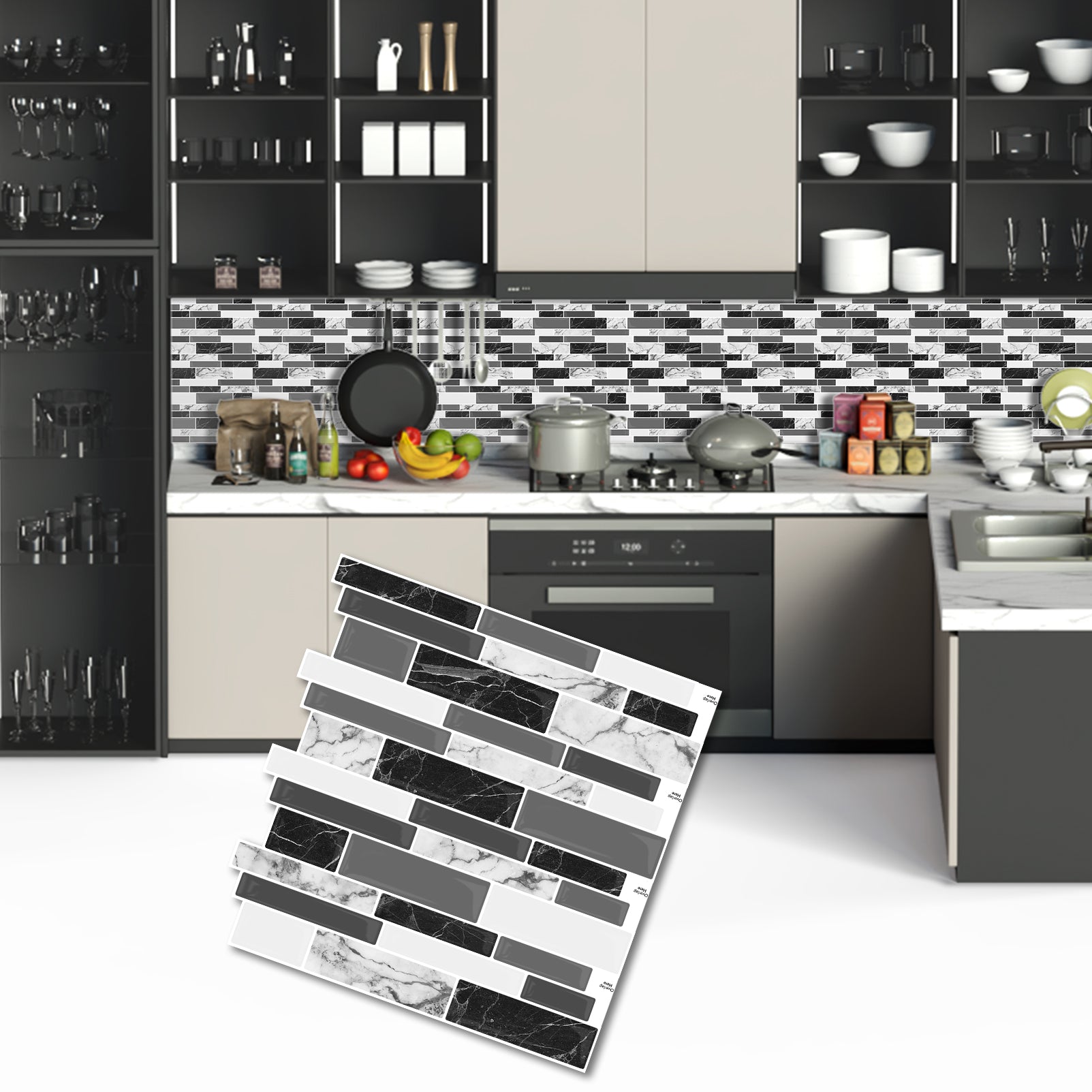 DEWOO 10 Sheets Peel and Stick Tile Backsplash, Stick on Wall Tiles, Self Adhesive Tile Sticker for Kitchen Backsplash and Bathroom(12"x12",Black Marble) - DEWOO TILES