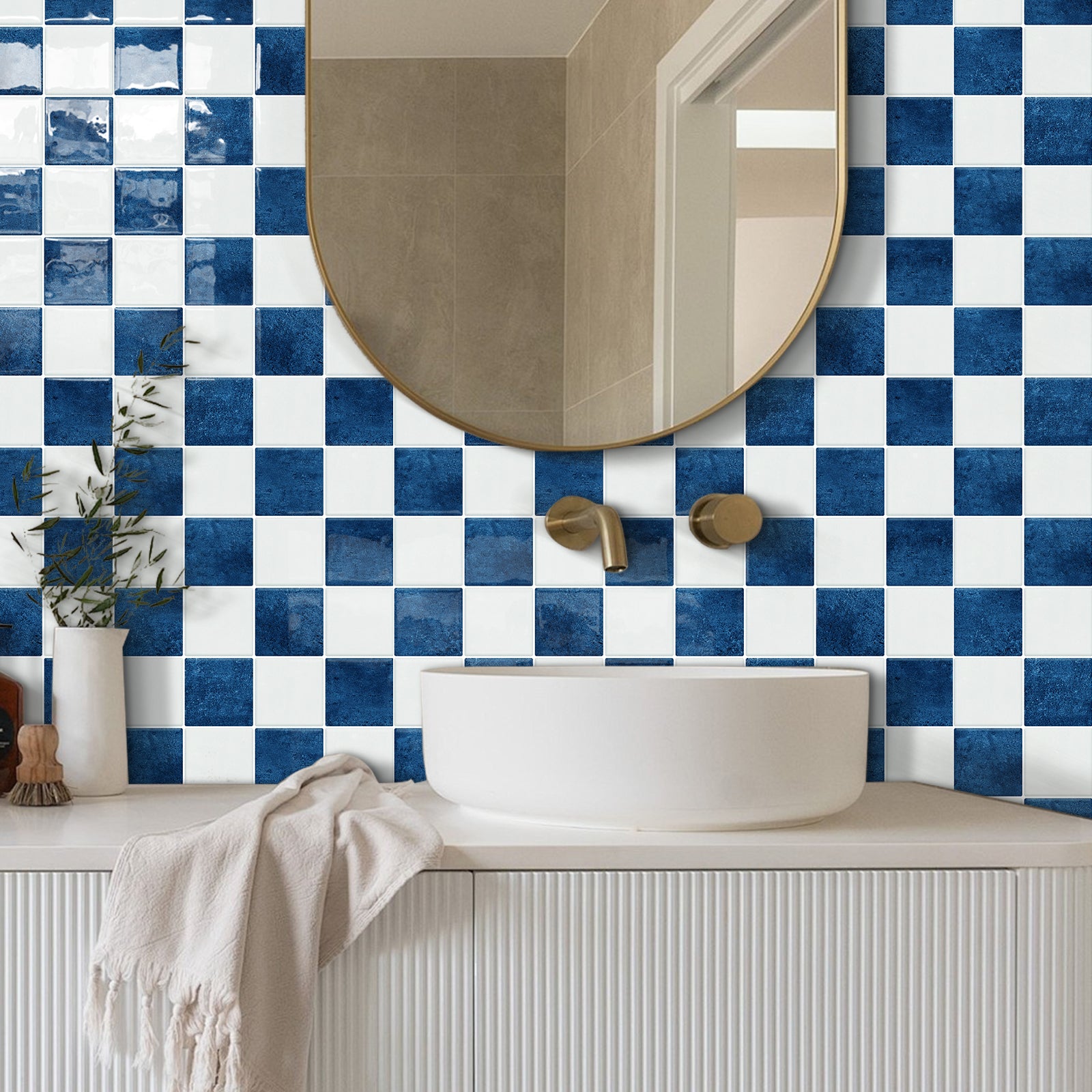 DEWOO Thick Peel and Stick Backsplash Tiles Kitchen Bathroom Square Self Adhesive Wall Tile Checkerboard Checkered Stickers,Blue (10 - Sheet, 9"×9") - DEWOO TILES