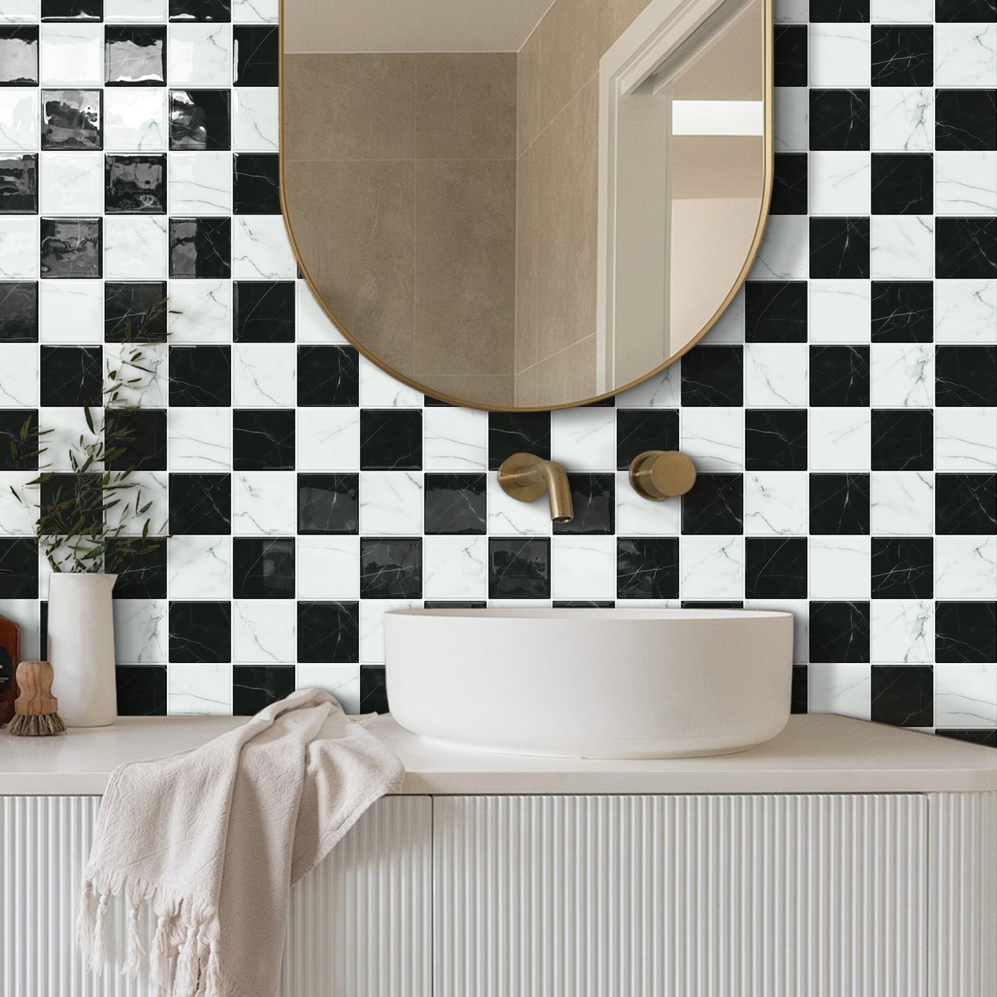 DEWOO Thick Peel and Stick Backsplash Tiles Kitchen Bathroom Square Self Adhesive Wall Tile Checkerboard Checkered Stickers,Black (10 - Sheet, 9"×9") - DEWOO TILES
