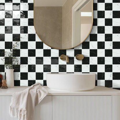 DEWOO Thick Peel and Stick Backsplash Tiles Kitchen Bathroom Square Self Adhesive Wall Tile Checkerboard Checkered Stickers,Black (10 - Sheet, 9"×9") - DEWOO TILES