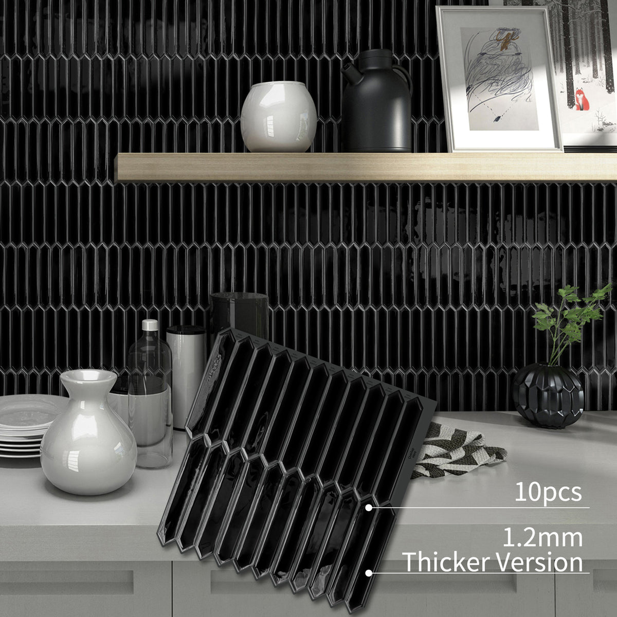 DEWOO Black Tile Peel and Stick Backsplash, 10 Sheets Self-Adhesive Wall Tiles Stick on Back Splash for Kitchen, Bathroom, Fireplace,RV(12"×12",Black Marble) - DEWOO TILES