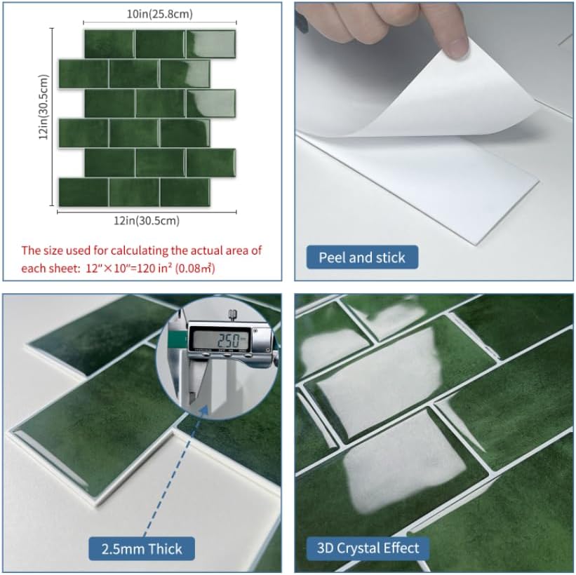 Thick Green Peel and Stick Backsplash Subway Tile 3D Brick Self Adhesvie Wall Tiles for Kitchen Bathroom (10 - Sheet, 12"×12") - DEWOO TILES