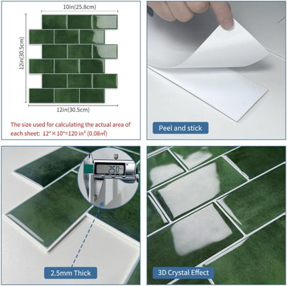 Thick Green Peel and Stick Backsplash Subway Tile 3D Brick Self Adhesvie Wall Tiles for Kitchen Bathroom (10 - Sheet, 12"×12") - DEWOO TILES