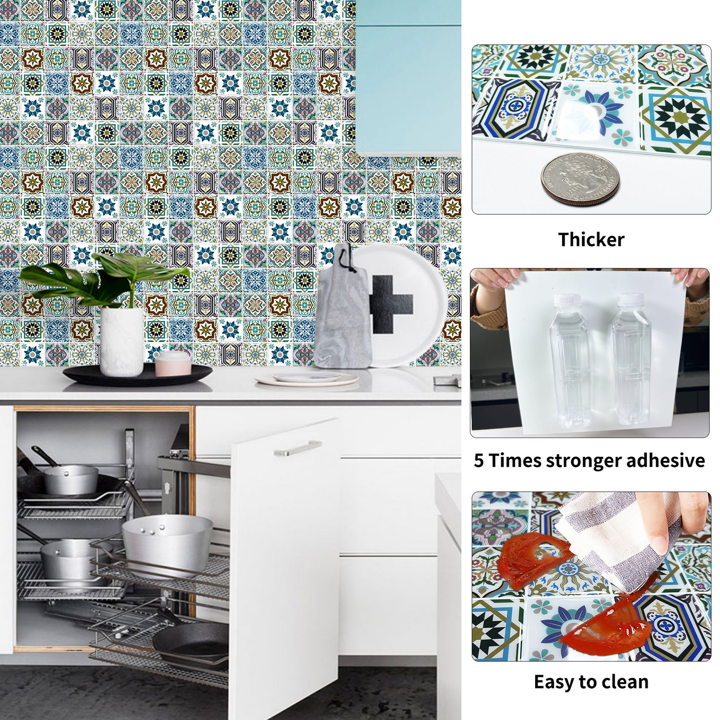 DEWOO Bohemian Mandala Self-Adhesive Tile Decals — 12" x 12" Large Size — Self-Adhesive Backsplash Stickers for Kitchen, Bathroom, and Laundry Room — Waterproof & Removable Vinyl Wall Decals — 10-Piece Pack