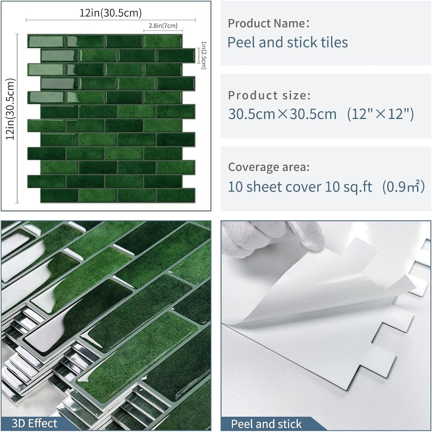 Thick Green Peel and Stick Tile Backsplash 12"x12" Self Adhesive Wall Marble Tiles for Kitchen (10 - Sheet,Green) - DEWOO TILES