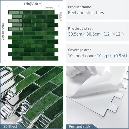 Thick Green Peel and Stick Tile Backsplash 12"x12" Self Adhesive Wall Marble Tiles for Kitchen (10 - Sheet,Green) - DEWOO TILES