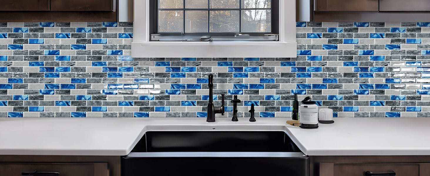 DEWOO Kitchen Backsplash Self Adhesive Wall 3D Marble Tiles Peel and Stick Bathroom, Blue (10 - Sheet, 12"×12") - DEWOO TILES