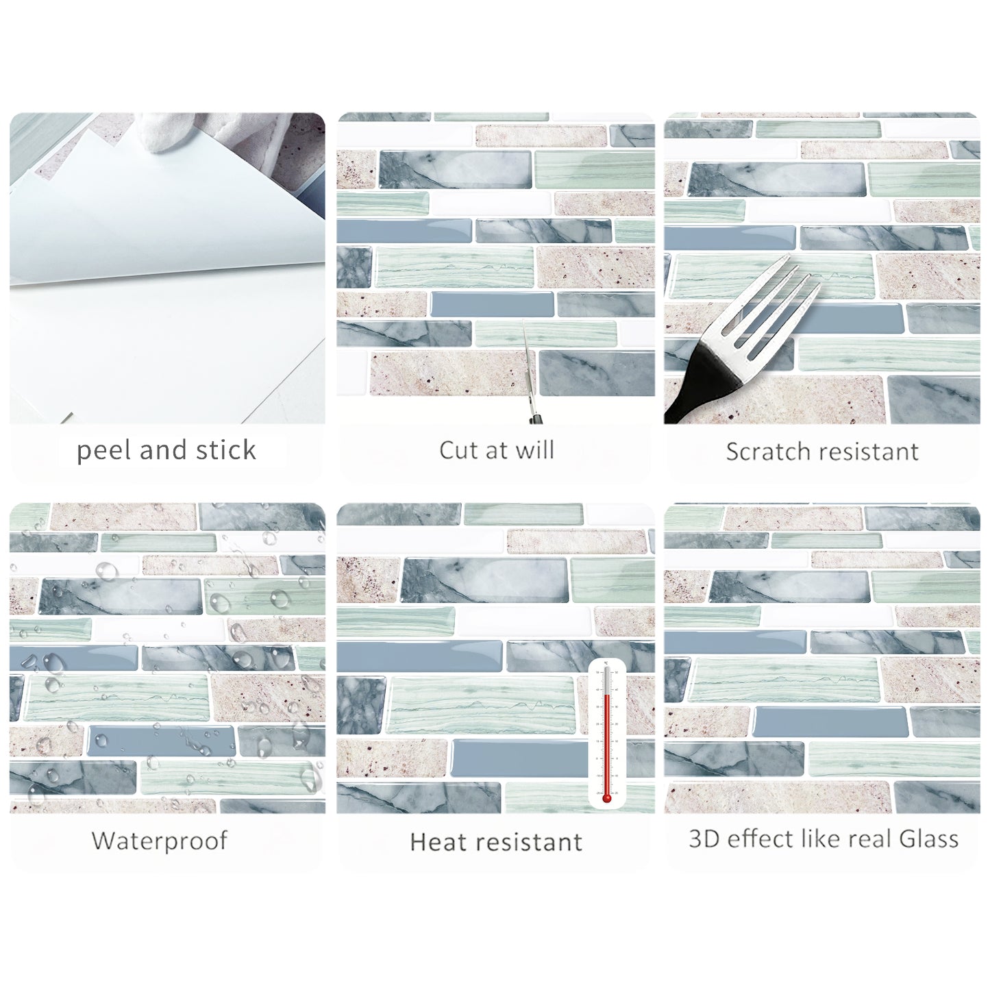 DEWOO 10 - Sheet Peel and Stick Kitchen Backsplash Tiles, 12"x12" Self - Adhesive Marble Multicolor Wall Tiles for Kitchen and Bathroom(Multicolor Marble) - DEWOO TILES
