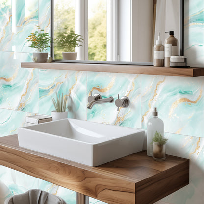 DEWOO 10pcs Peel and Stick Backsplash Wall Tile, Waterproof Peel and Stick Marble Wall Tiles, Self - Adhesive Panels for Bathroom, Kitchen, and Living Room (Blue Marble,12"×12") - DEWOO TILES