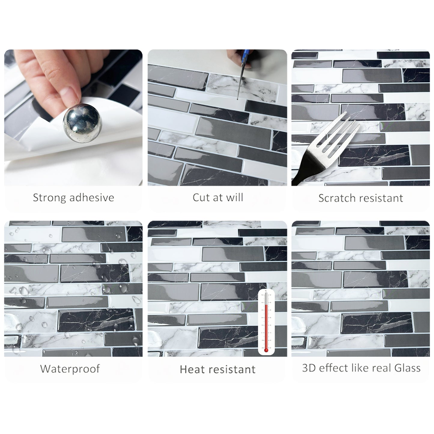 DEWOO 10 Sheets Peel and Stick Tile Backsplash, Stick on Wall Tiles, Self Adhesive Tile Sticker for Kitchen Backsplash and Bathroom(12"x12",Black Marble) - DEWOO TILES