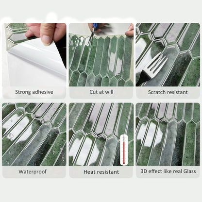 DEWOO Green Tile Peel and Stick Backsplash, 10 Sheets Self-Adhesive Wall Tiles Stick on Back Splash for Kitchen, Bathroom, Fireplace,RV(12"×12",Green Marble) - DEWOO TILES