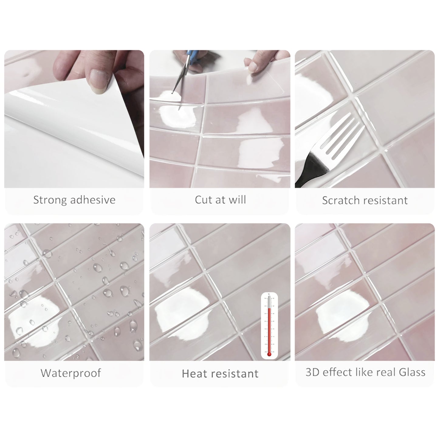 DEWOO Peel and Stick Backsplash - 10 Sheets of 12"×12" - 3D Adhesive Peel and Stick Tile Backsplash for Kitchen, Bathroom, Wall Tile, Pink - DEWOO TILES