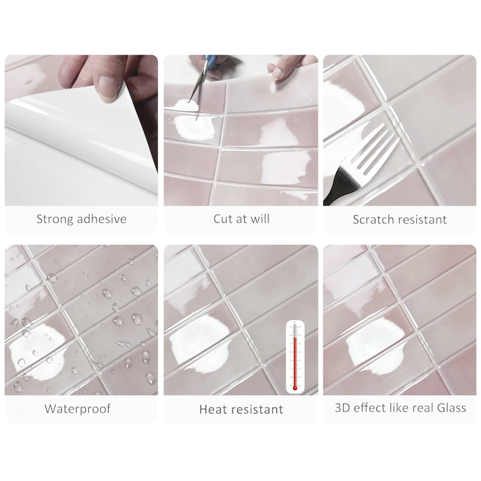 DEWOO Peel and Stick Backsplash - 10 Sheets of 12"×12" - 3D Adhesive Peel and Stick Tile Backsplash for Kitchen, Bathroom, Wall Tile, Pink - DEWOO TILES