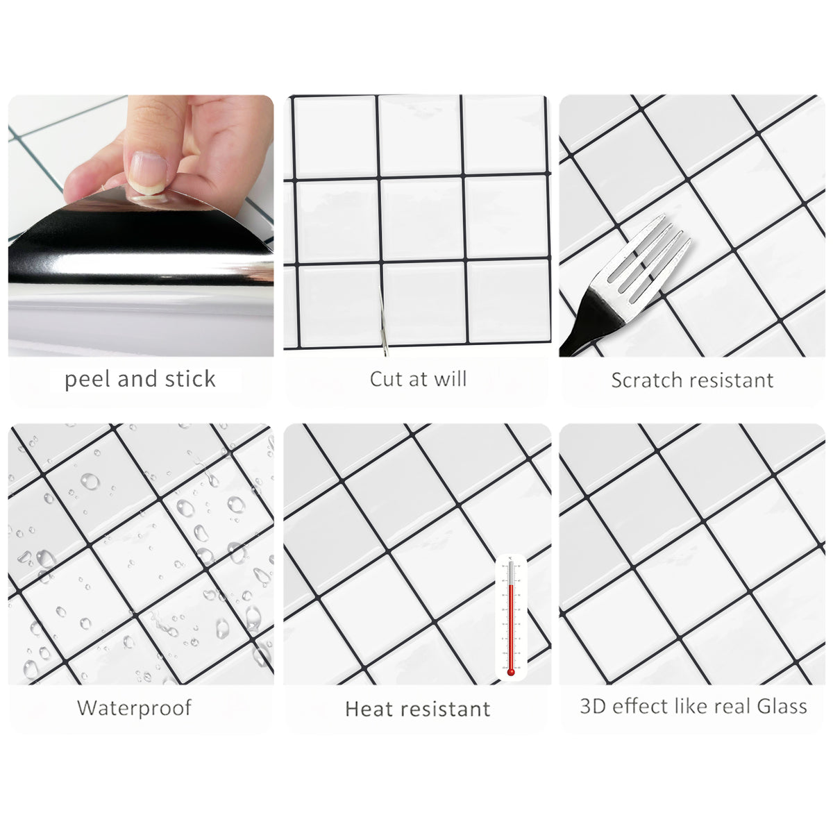DEWOO Thick Square Kitchen Peel and Stick Backsplash Mosaic Tiles Square Self Adhesive Wall Tile Checkerboard Checkered Stickers,White (10-Sheet,12"x12") - DEWOO TILES