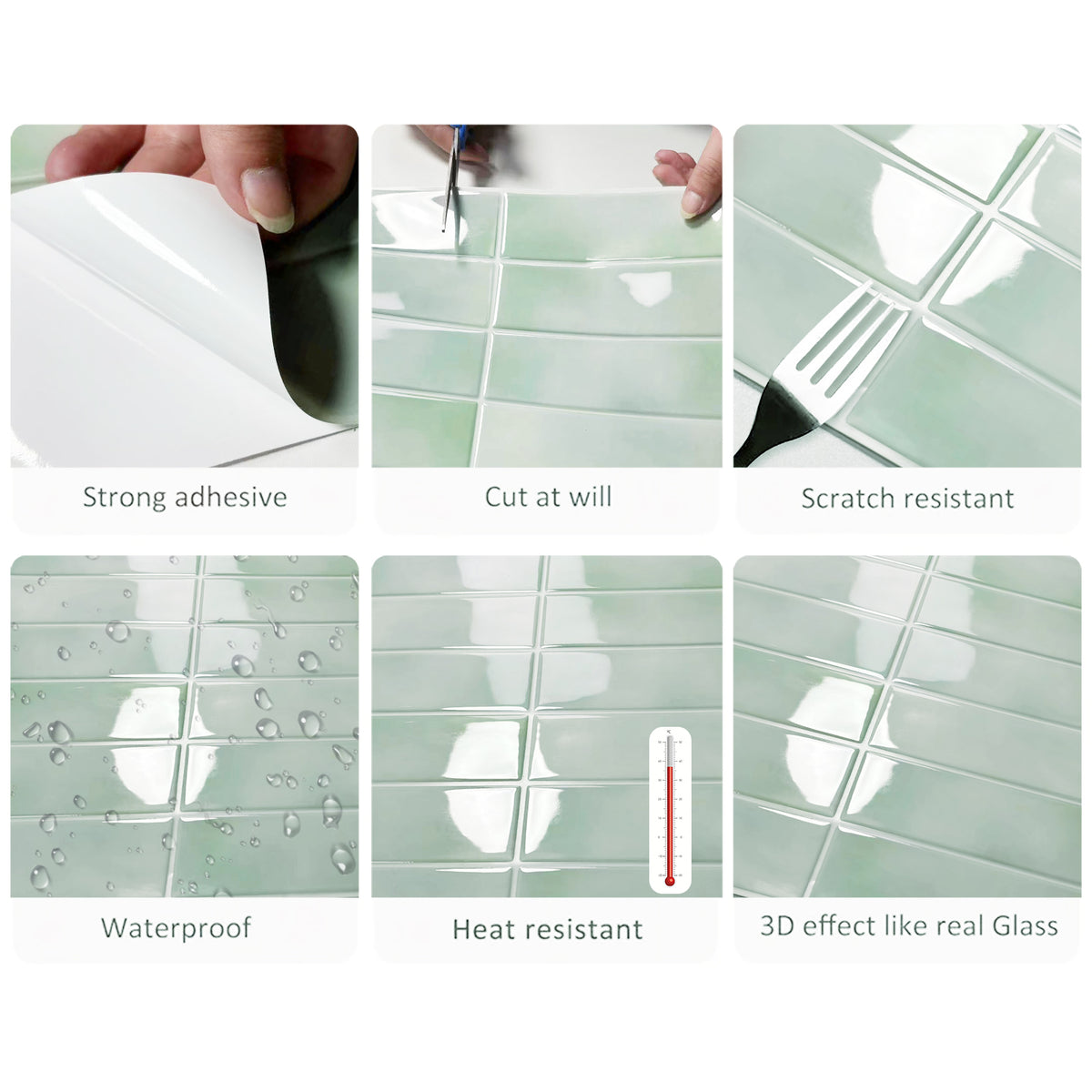 DEWOO Peel and Stick Backsplash - 10 Sheets of 12"×12" - 3D Adhesive Peel and Stick Tile Backsplash for Kitchen, Bathroom, Wall Tile, Light Green - DEWOO TILES