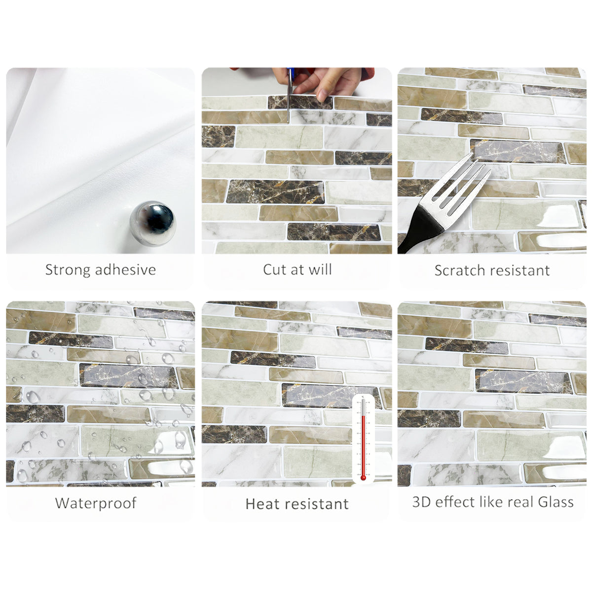 DEWOO 10 Sheets Peel and Stick Tile Backsplash, Stick on Wall Tiles, Self Adhesive Tile Sticker for Kitchen Backsplash and Bathroom(12"x12",Brown Marble) - DEWOO TILES