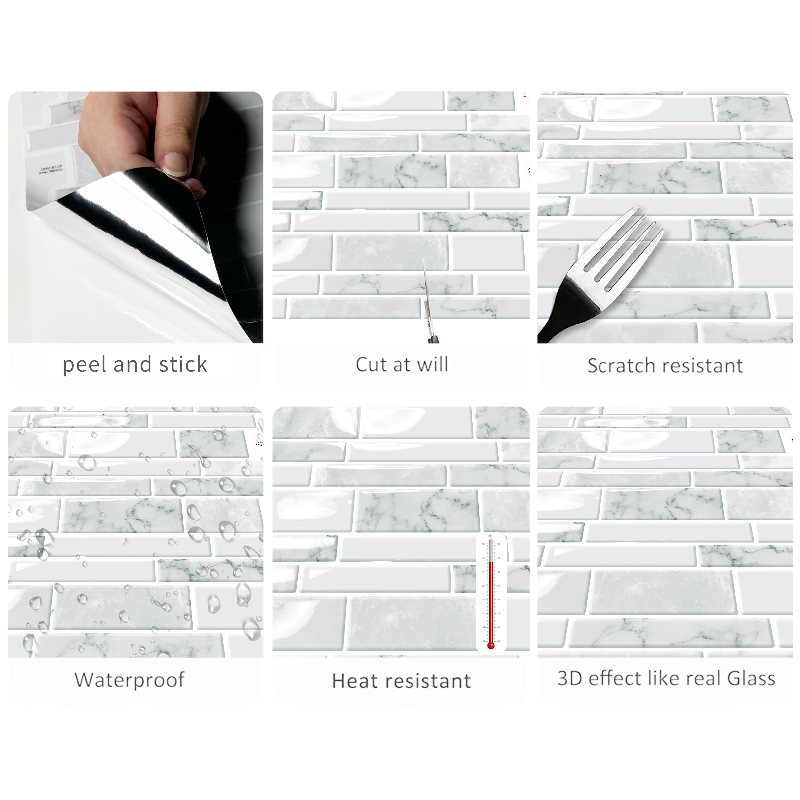 DEWOO 10 - Sheet Peel and Stick Kitchen Backsplash Tiles, 12"x12" Self - Adhesive Marble Multicolor Wall Tiles for Kitchen and Bathroom(White Marble) - DEWOO TILES