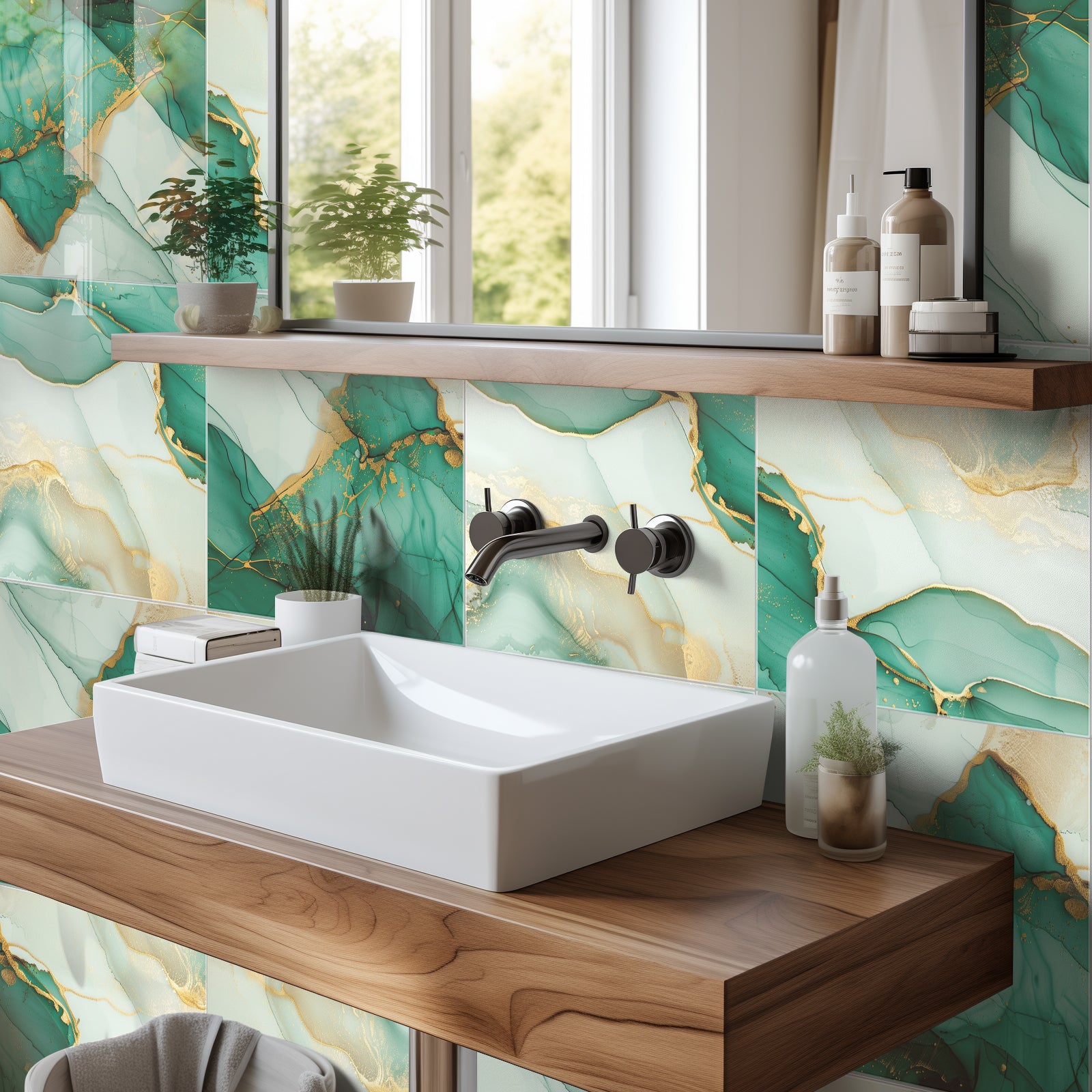 DEWOO 10pcs Peel and Stick Backsplash Wall Tile, Waterproof Peel and Stick Marble Wall Tiles, Self - Adhesive Panels for Bathroom, Kitchen, and Living Room (Green Gold Marble,12"×12") - DEWOO TILES
