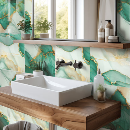 DEWOO 10pcs Peel and Stick Backsplash Wall Tile, Waterproof Peel and Stick Marble Wall Tiles, Self - Adhesive Panels for Bathroom, Kitchen, and Living Room (Green Gold Marble,12"×12") - DEWOO TILES