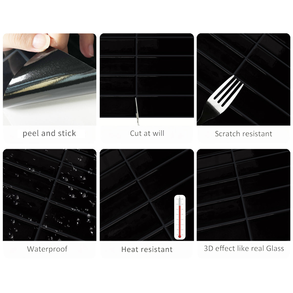 DEWOO Peel and Stick Backsplash - 10 Sheets of 12"×12" - 3D Adhesive Peel and Stick Tile Backsplash for Kitchen, Bathroom, Wall Tile, Black - DEWOO TILES
