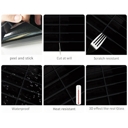 DEWOO Peel and Stick Backsplash - 10 Sheets of 12"×12" - 3D Adhesive Peel and Stick Tile Backsplash for Kitchen, Bathroom, Wall Tile, Black - DEWOO TILES