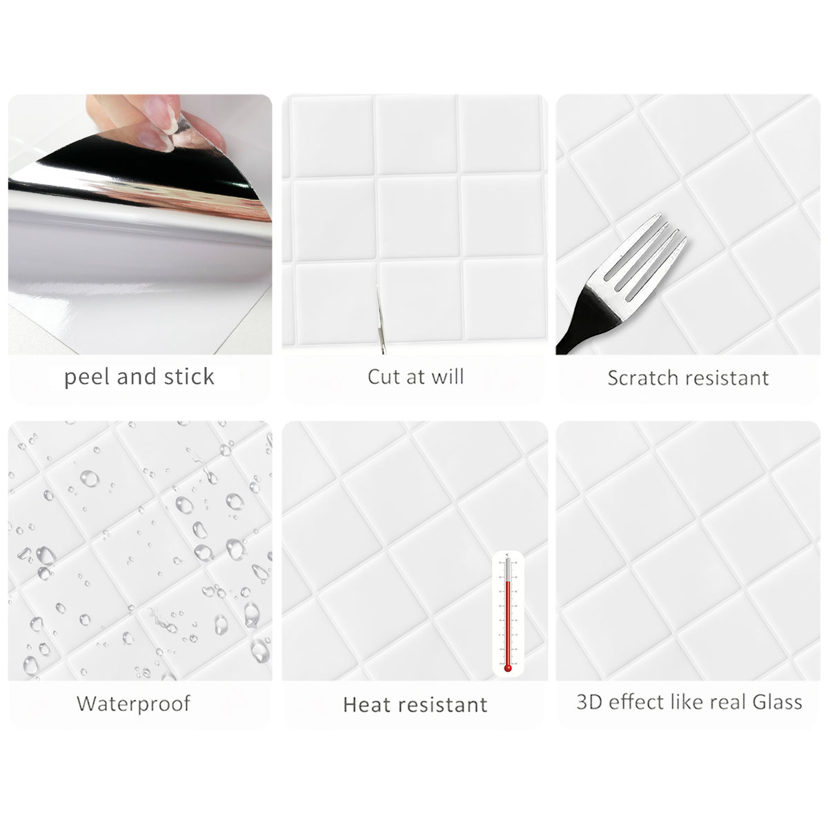 DEWOO Thick Square Kitchen Peel and Stick Backsplash Mosaic Tiles Square Self Adhesive Wall Tile Checkerboard Checkered Stickers,White (10-Sheet,12"x12") - DEWOO TILES
