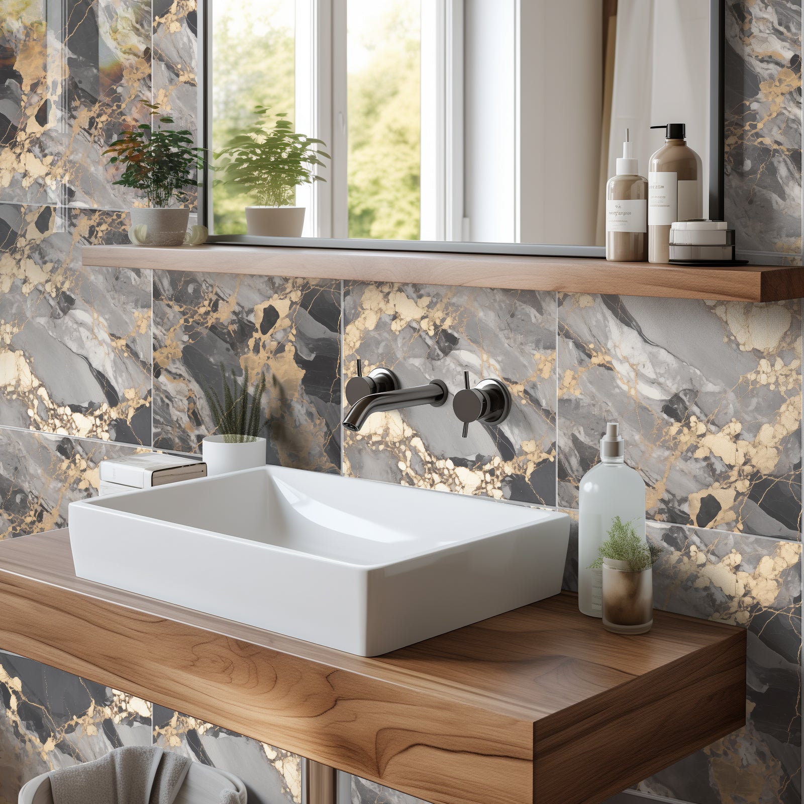 DEWOO 10pcs Peel and Stick Backsplash Wall Tile, Waterproof Peel and Stick Marble Wall Tiles, Self - Adhesive Panels for Bathroom, Kitchen, and Living Room (Brown Marble,12"×12") - DEWOO TILES