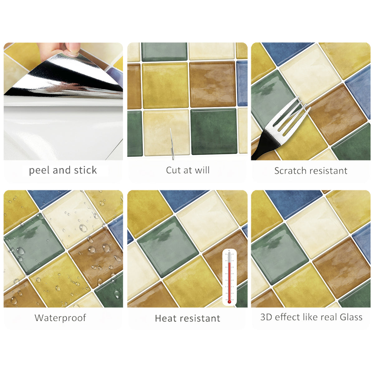 DEWOO Thick Square Kitchen Peel and Stick Backsplash Mosaic Tiles Square Self Adhesive Wall Tile Checkerboard Checkered Stickers,Multicolor (10-Sheet,12"x12") - DEWOO TILES