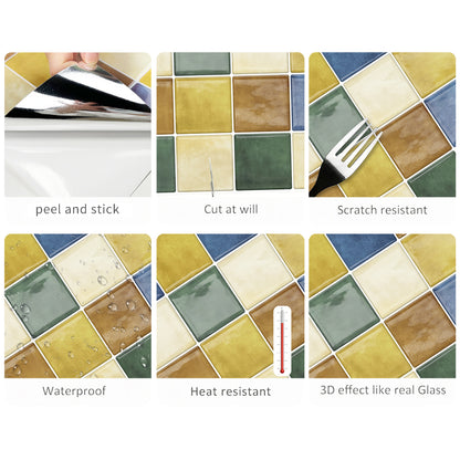 DEWOO Thick Square Kitchen Peel and Stick Backsplash Mosaic Tiles Square Self Adhesive Wall Tile Checkerboard Checkered Stickers,Multicolor (10-Sheet,12"x12") - DEWOO TILES